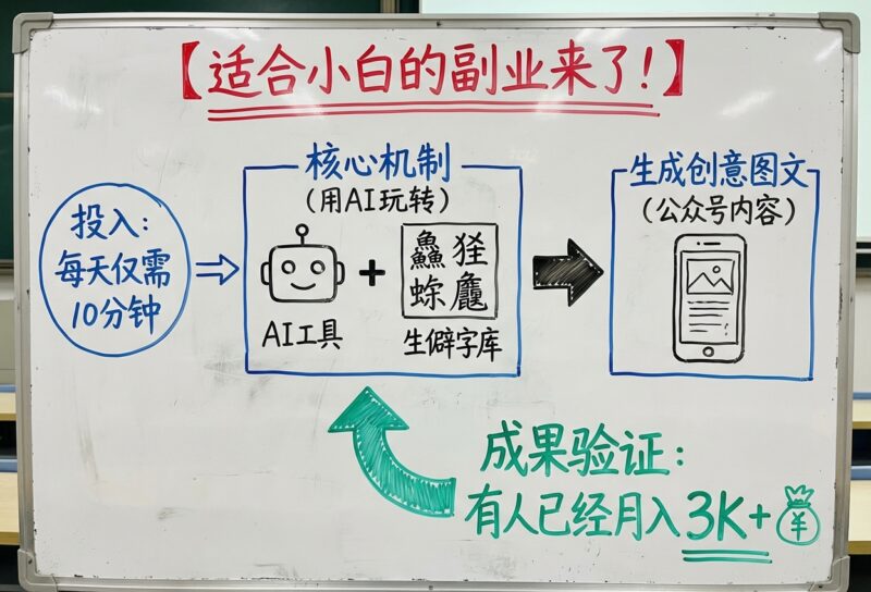 适合小白的副业来了！每天10分钟，用AI玩转公众号生僻字图文，有人已经月入3K+_华良副业网